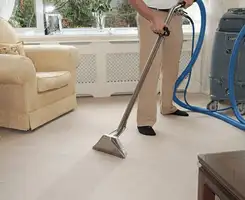 Carpet cleaning professional removing dirt and stains with a hot-water extraction tool in a home, Birmingham, AL.